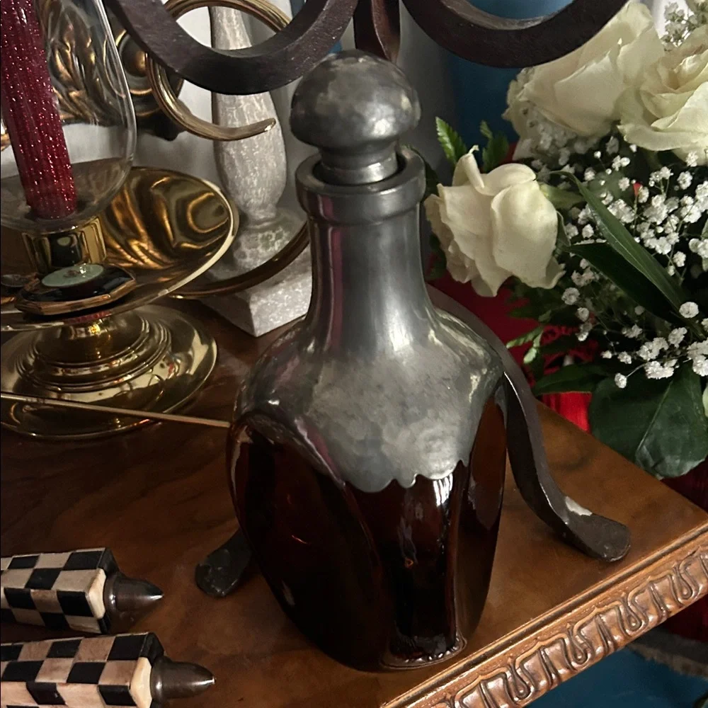 Vintage Royal Holland Daalderop Hammered Pewter & Amber Glass Decanter